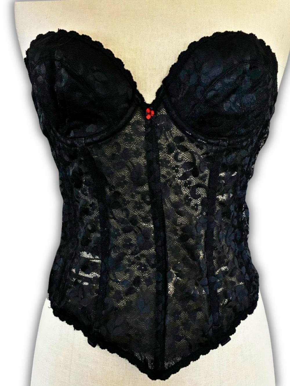 90’s Frederick's of Hollywood Black Lace Bustier with Red Accent